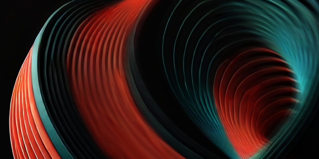 Abstract image featuring wavy, layered curves in red and teal on a dark background, mirroring the dynamic flow of SecOps strategies, creating a sense of depth and movement.