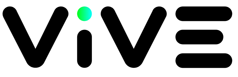 The image shows the logo of HTC Vive, with the letters "VIVE" in bold black font, featuring a small green and blue gradient circle above the 'i', subtly hinting at cutting-edge innovation akin to managed detection and response solutions.