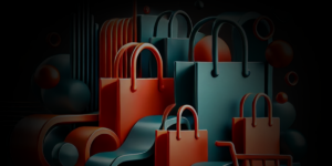 Stylized illustration of red and blue shopping bags and a shopping cart on a dark background.