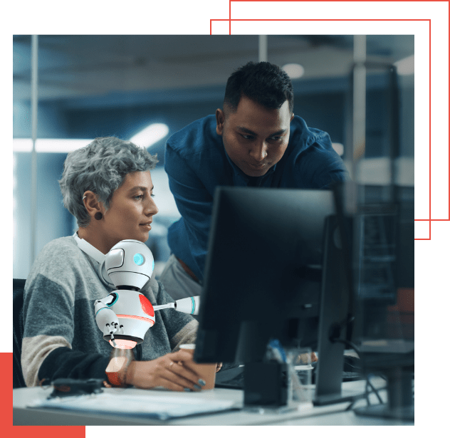  In an office setting, a person and a small robot intently examine a computer screen, analyzing MDR data to enhance cybersecurity measures.