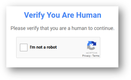 A web page CAPTCHA prompts Windows users to check a box confirming they are human, titled 