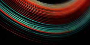 Abstract image featuring dynamic, curved lines in shades of red, teal, and orange on a black background, resembling the intricate flow and vigilance of cloud security monitoring.