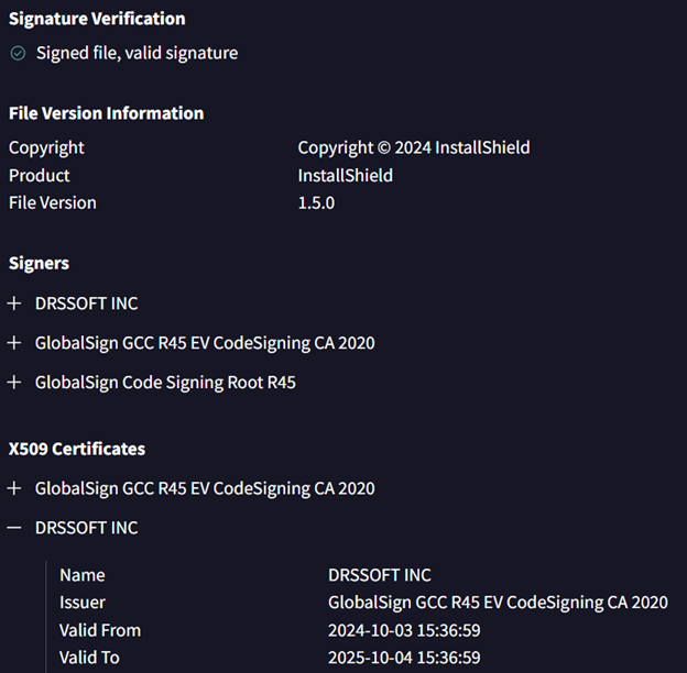 Verification details of a signed file from InstallShield, showing file version, signers, and X509 certificate information. Particularly important for Windows users concerned about infostealers and ensuring their software isn't compromised by digitally signed droppers.