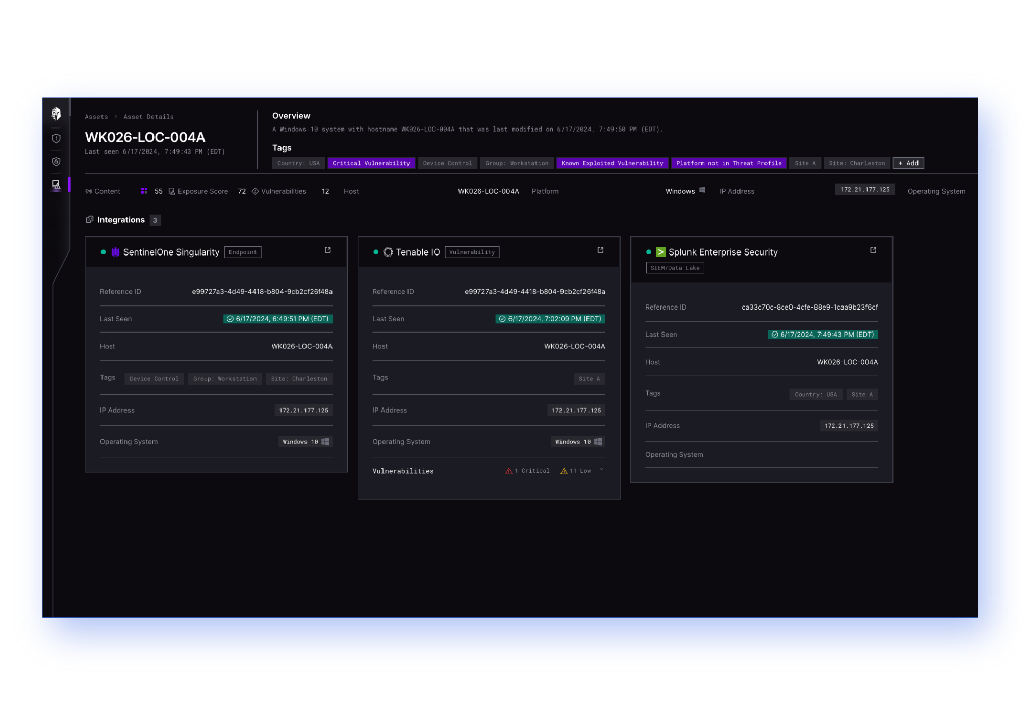  A computer screen showcases a platform overview with a security dashboard, featuring three panels labeled SentinelOne, Tenable.io, and Splunk. Each panel vividly displays system information and status details, effectively integrating SEO keywords for enhanced digital visibility.