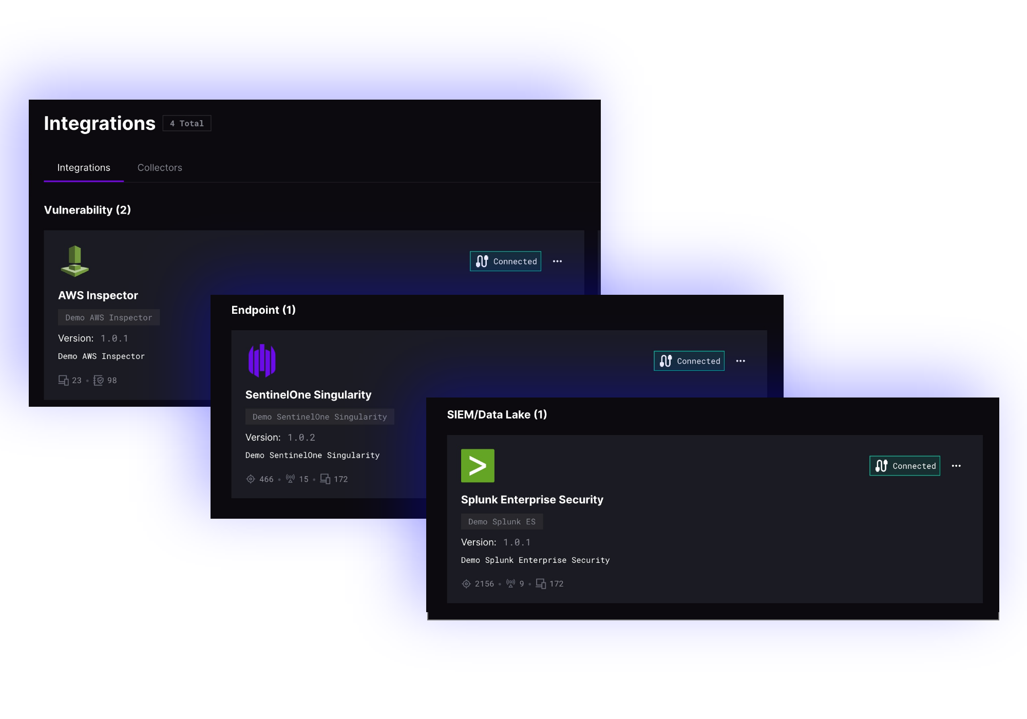  On a blue background, three overlapping digital dashboard windows provide a comprehensive platform overview, showcasing the interconnected status of integrations like AWS Inspector, SentinelOne Singularity, and Splunk Enterprise Security.