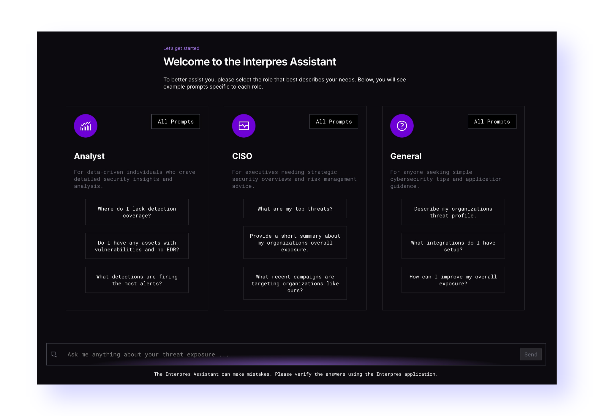  Screenshot of the Interpres Assistant interface reveals a Platform Overview featuring options for Analyst, CISO, and General, each with prompts on threat management, cybersecurity, and organizational security strategies.