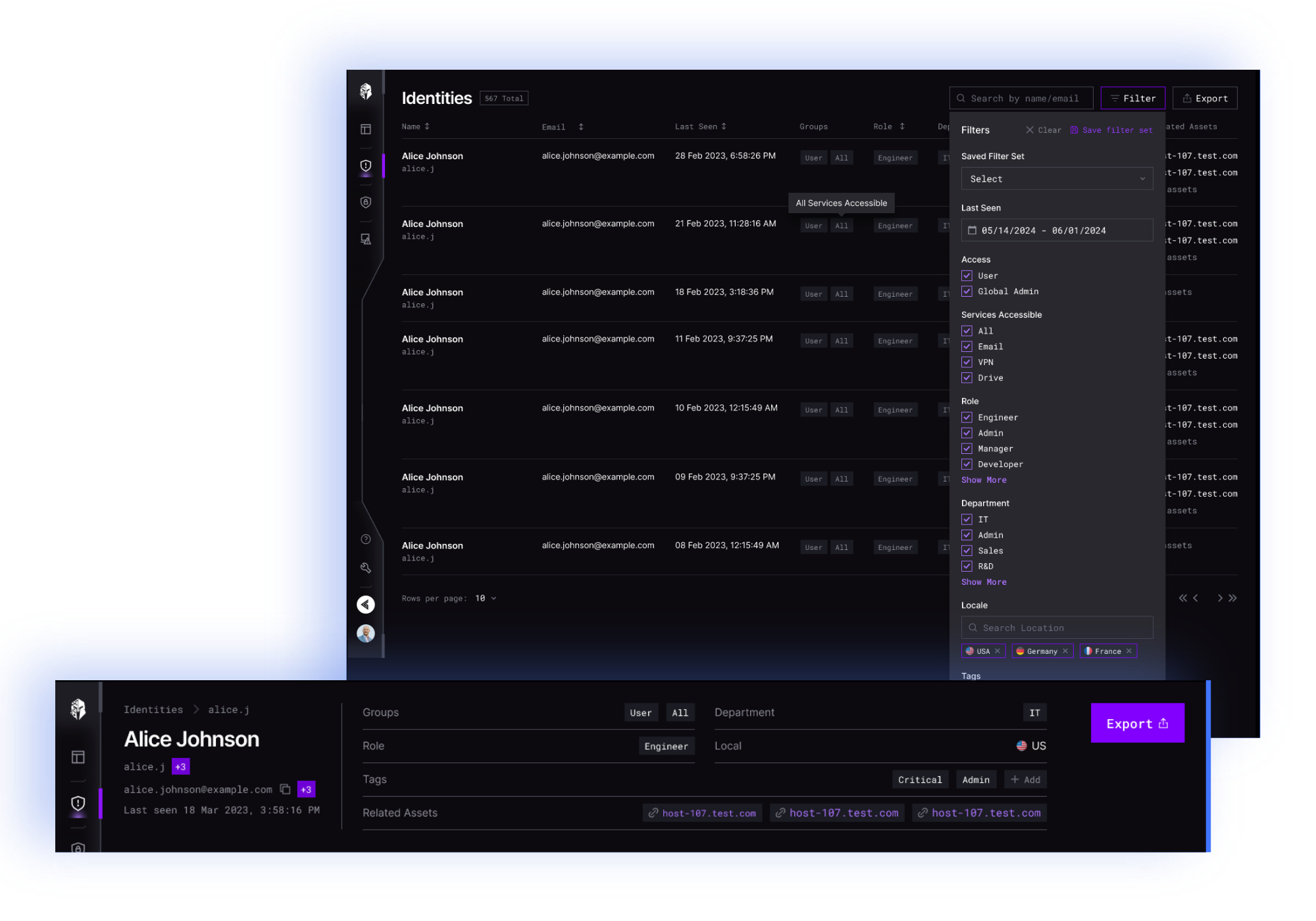  A digital interface provides a platform overview with a list of identities, including names, emails, and metadata. A sidebar displays filters and options. A highlighted section focuses on a specific identity, offering export options for streamlined access.