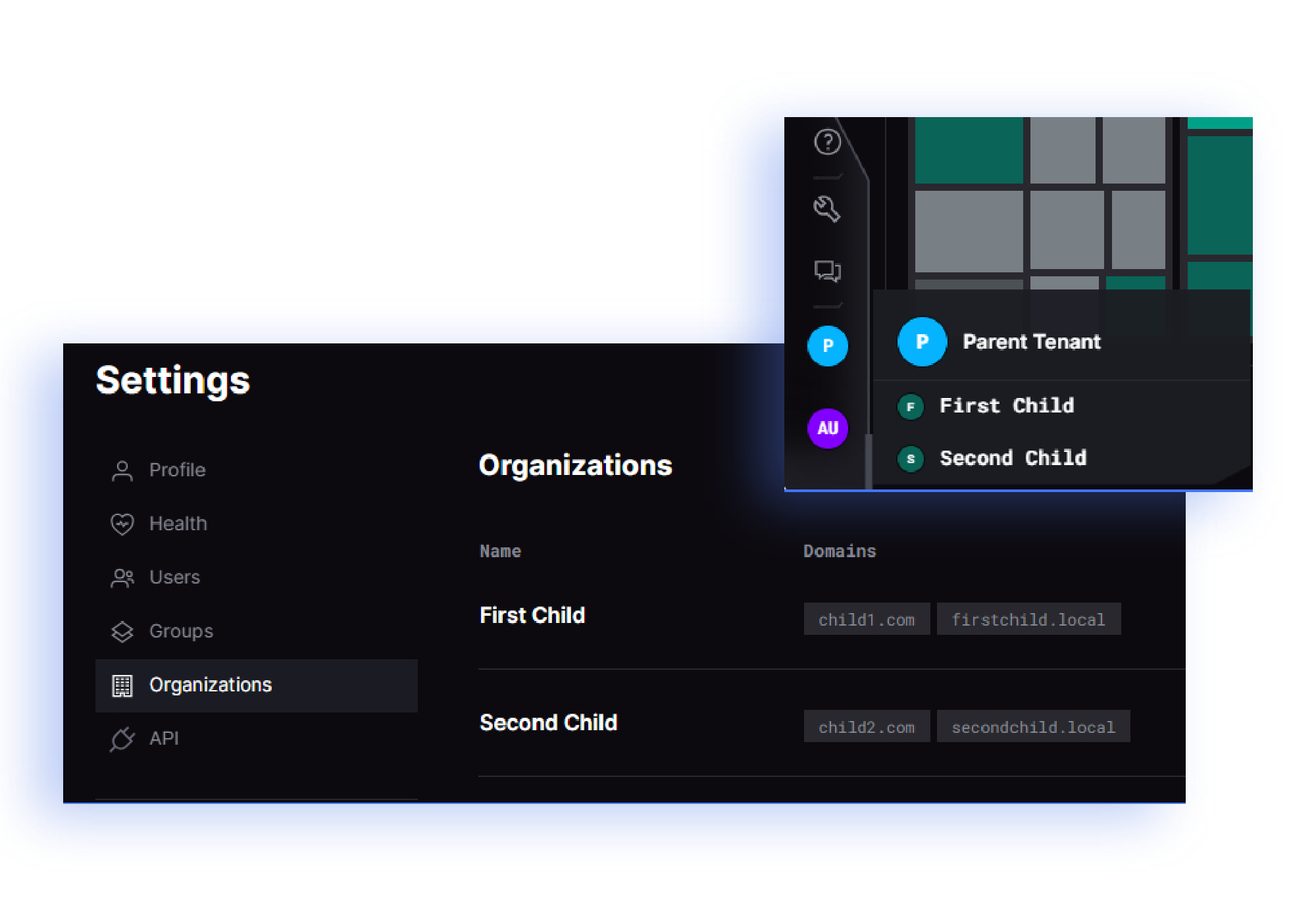  The settings interface provides an overview, displaying a list of organizations with domains and a highlighted parent-child hierarchy, seamlessly integrated into the platform.