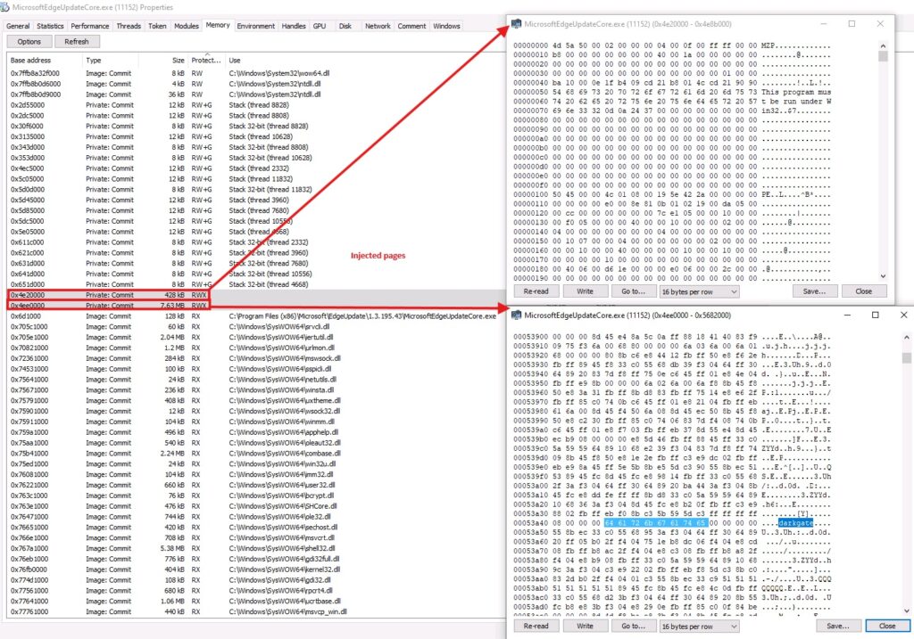 A computer screen displays a process properties window and hex data. Red arrows connect specific entries to corresponding memory addresses, revealing hidden patterns. This scene uncovers sophisticated tactics akin to advanced phishing strategies in digital forensics.