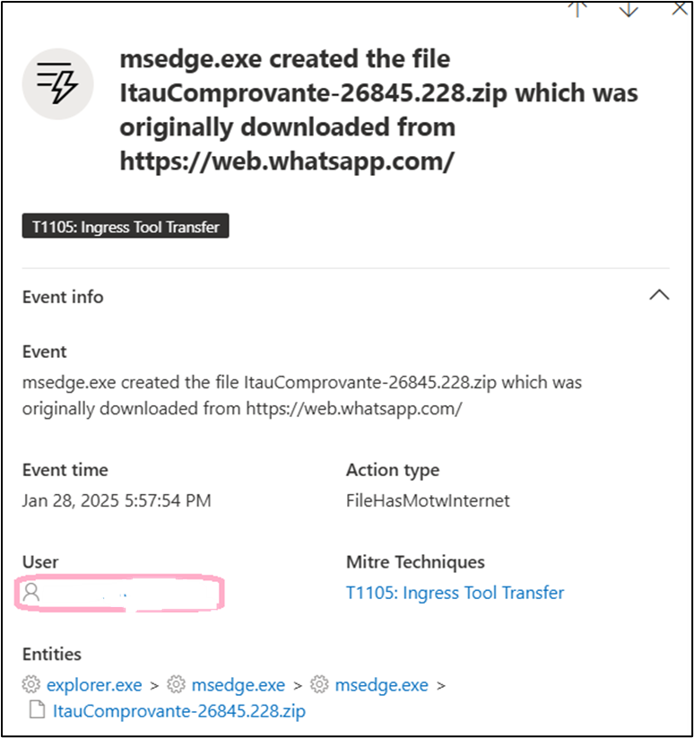 Screenshot of a security alert detailing the creation of a file from a URL, potentially linked to the Coyote Banking Trojan. Event time is January 28, 2025, with action type FileHasMotW. Users are advised to remain vigilant and report any suspicious activity via WhatsApp or email.