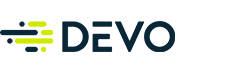  Logo of "Devo" with stylized green and blue lines on the left.