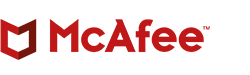  Red text logo of McAfee with a shield icon on the left.