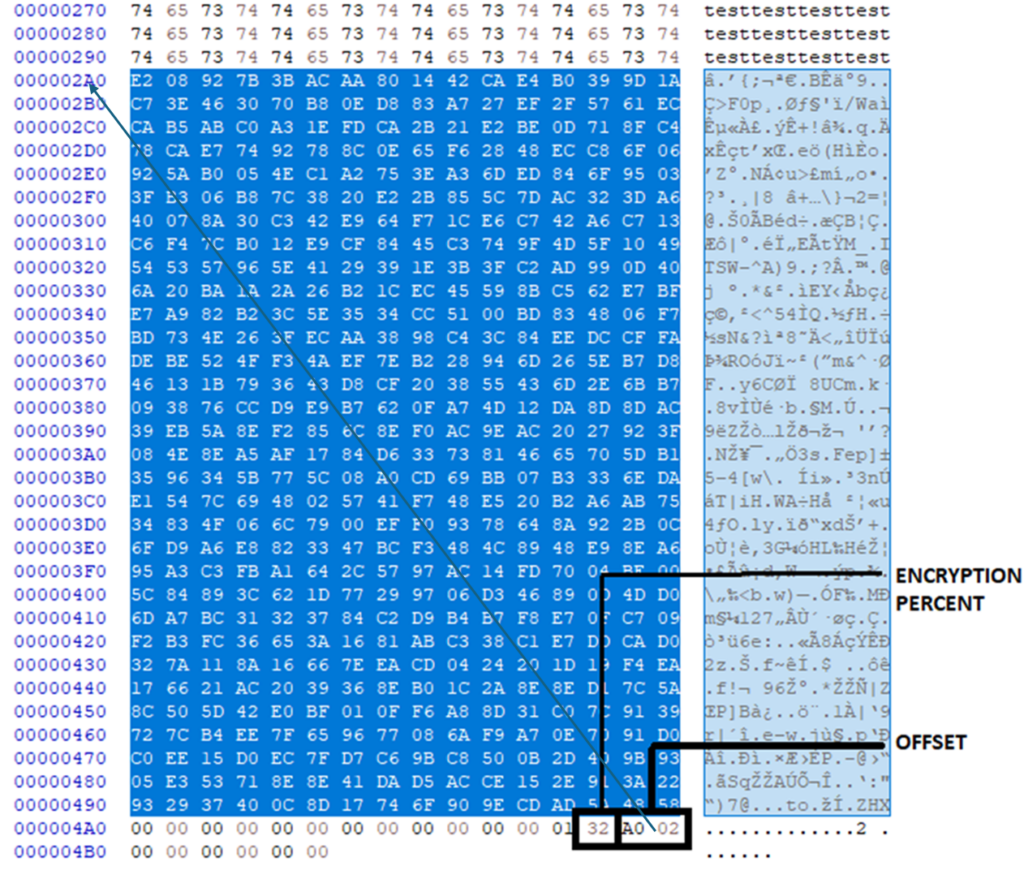 Hexadecimal data table showing highlighted blocks, labeled sections with OFFSET and ENCRYPTION PERCENT measurements, and textual repetition of 